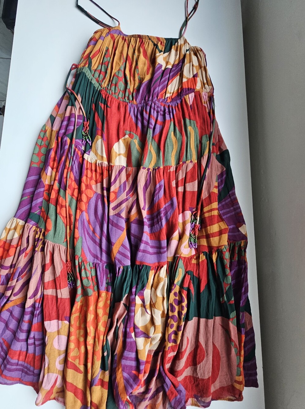 Farm Rio Mixed Colorful Print Embellished Tie Shoulders Knee Lenth Flowey Dress - Picture 5 of 11